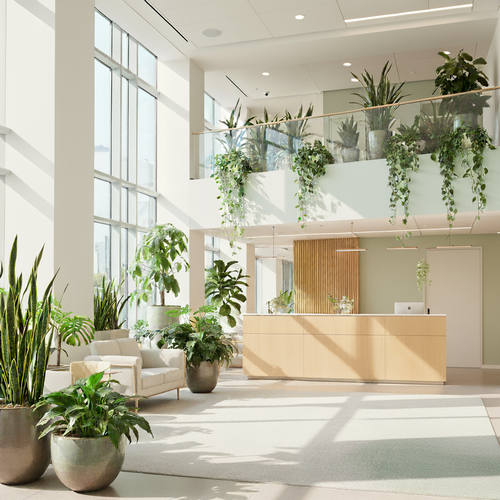 Světlá, moderní a minimalistická kancelářská lobby plná zelených rostlin vytváří příjemné a inspirativní prostředí.